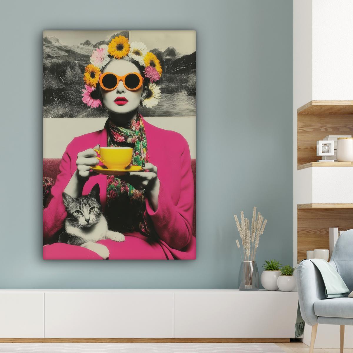 LEINWANDBILD Frau - Katze - Blumen - Tasse - Retro Deko XXL 80x120 cm - Magenta, Textil (80/120cm) - MuchoWow