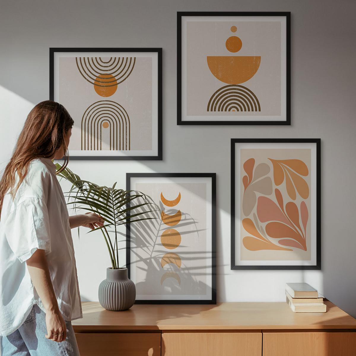 BILDER SET 4er Set - 50x50 cm & 40x60 cm Schwarzer Rahmen - Abstrakte orange Formen - Schwarz, Kunststoff (50/50cm) - TULUP