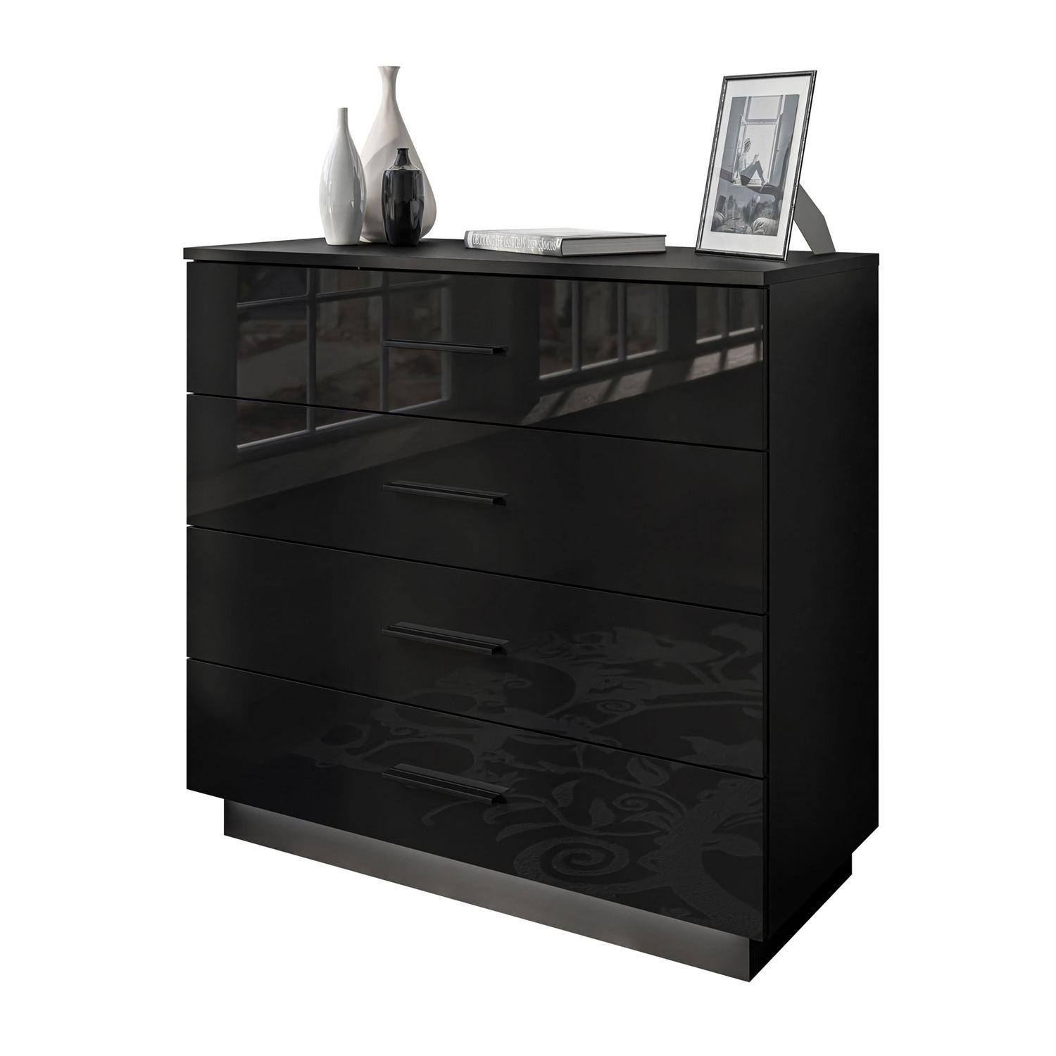 KOMMODE LINA 95 mit Griffen Schwarzer Glanz LED Griffe Schwarz - Schwarz, Holzwerkstoff (95/84/40cm) - Lookway