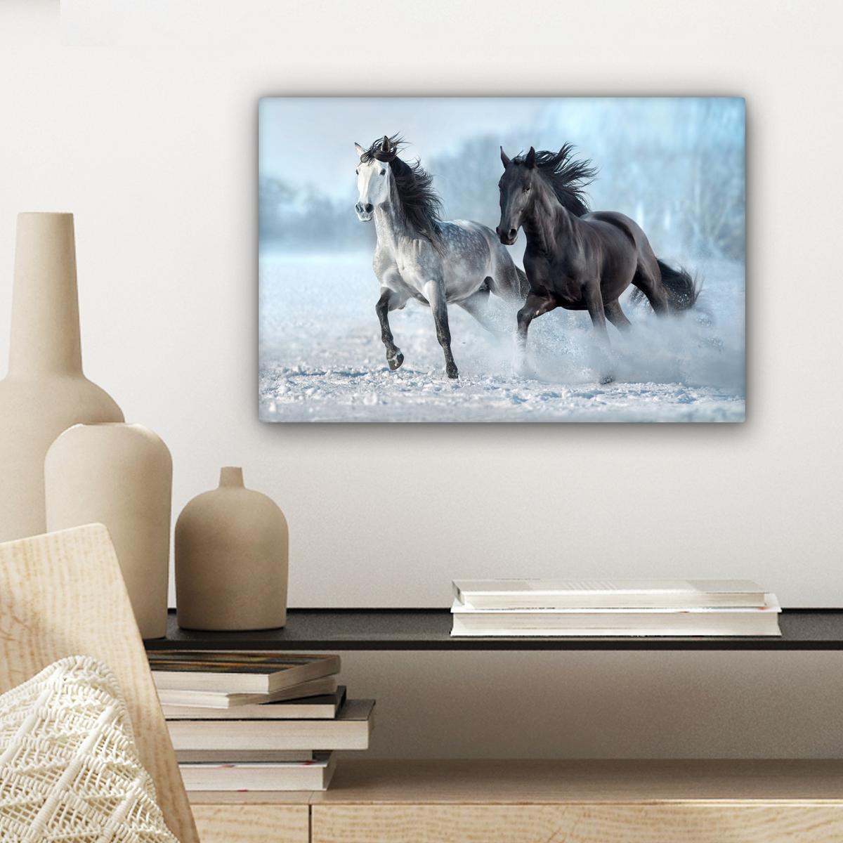 LEINWANDBILD Pferde - Winter - Tiere - Natur - Schnee Deko Schlafzimmer 30x20 cm - Anthrazit, Textil (30/20cm) - MuchoWow