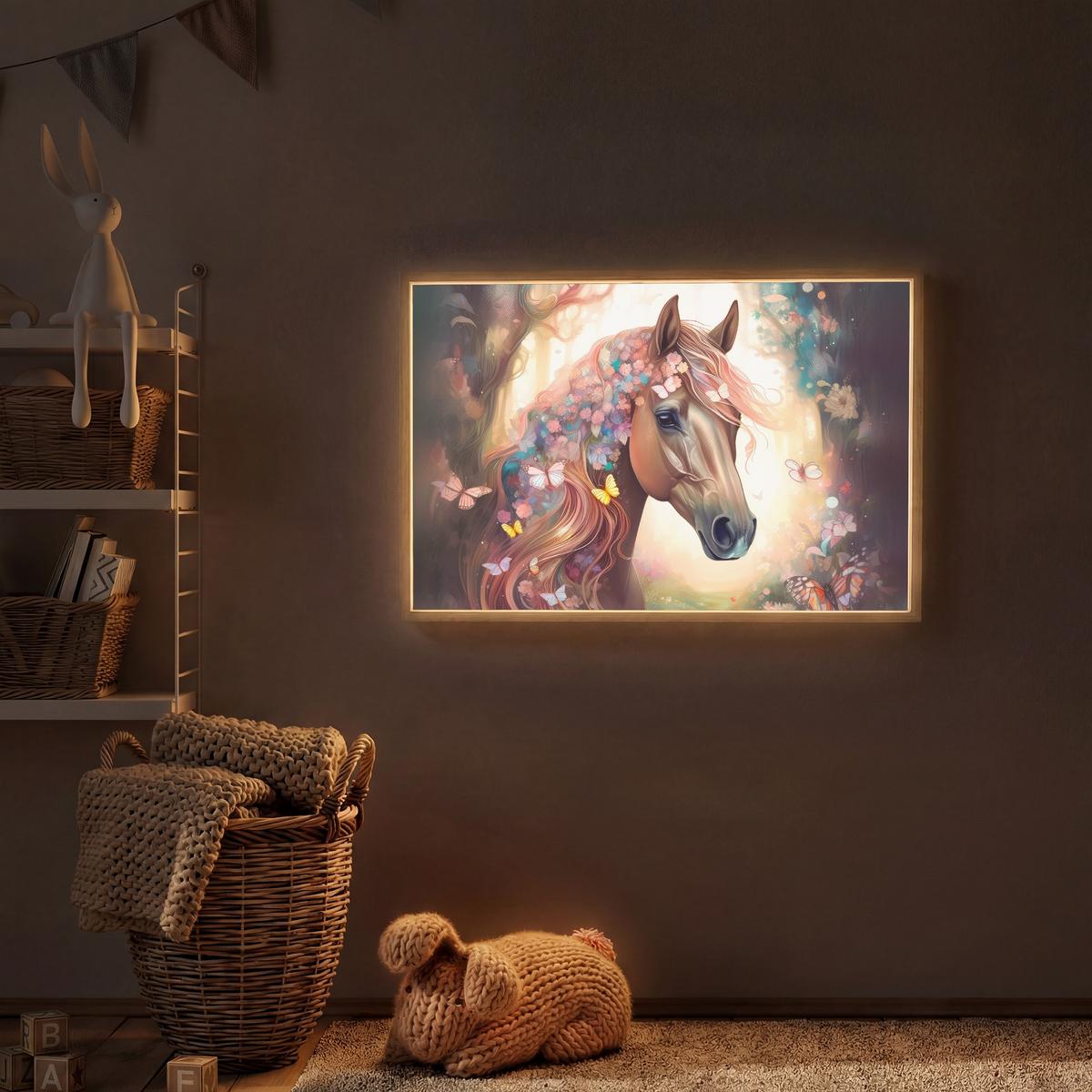 NACHTTISCHLAMPE MIT AKKU Pferd - Natur - Blumen - Schmetterlinge - Wald 100x70 cm - Dunkelbraun, Holzwerkstoff (8/100/70cm) - OnlyWow