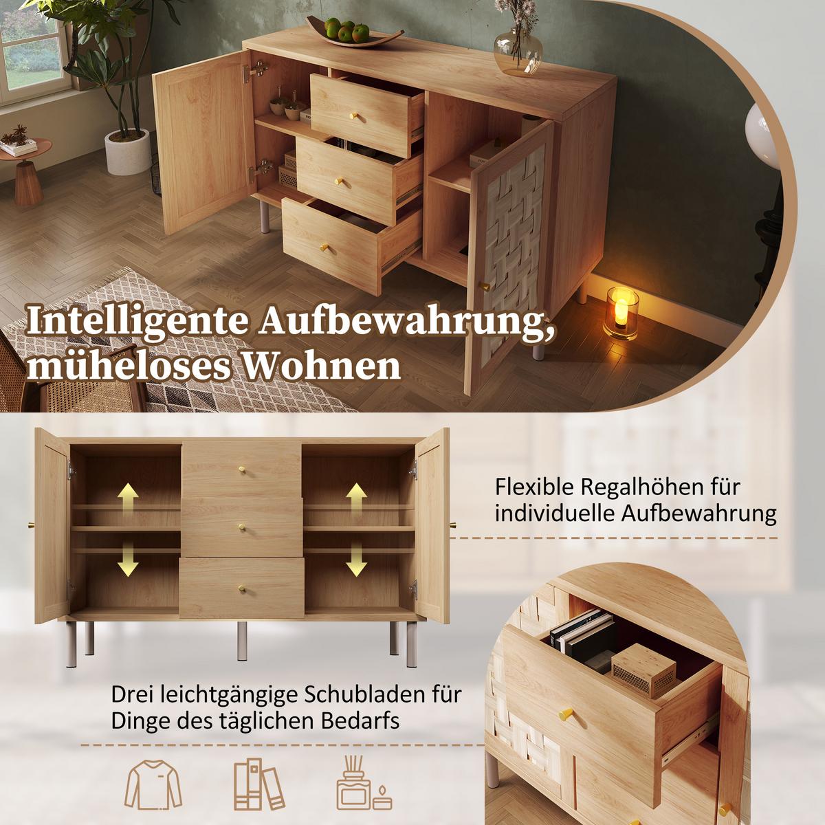 SIDEBOARD in eichenoptik mit gewebten fronten, 2 türen und 3 schubladen - Eichefarben, Holz (120/70/40cm) - Urban Meuble