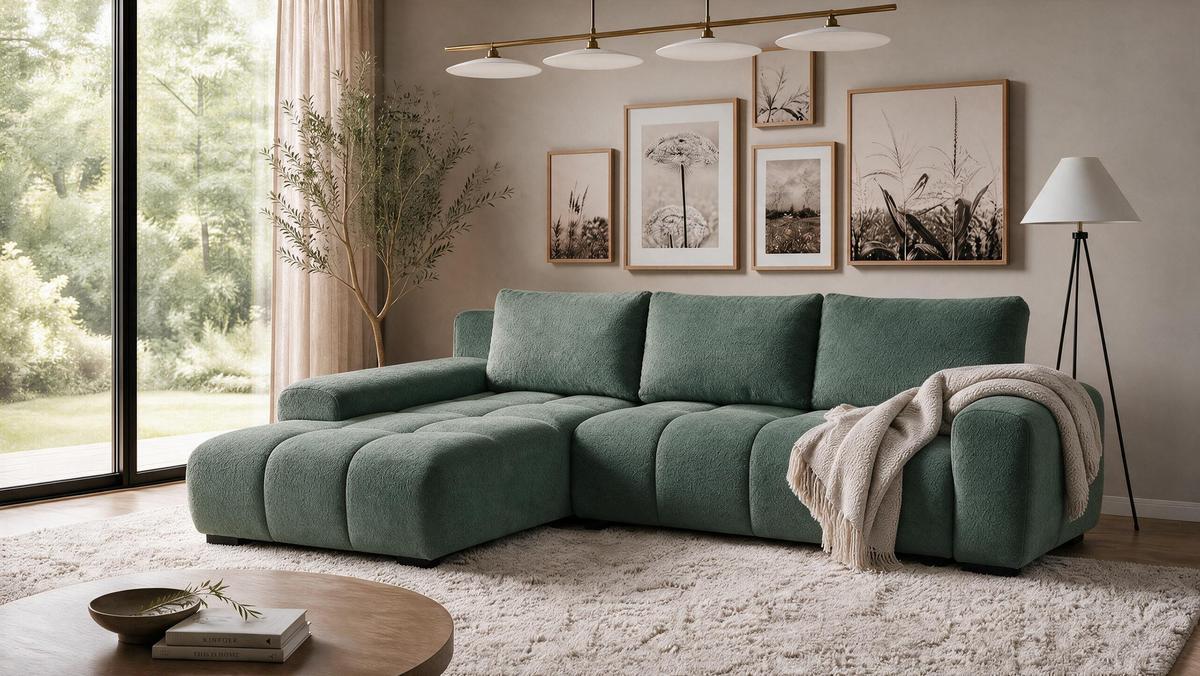 ECKSOFA Ovia mit Bettkasten und Schlaffunktion, Bouclé-Stoff in L-Form - Grün, Textil (270/185cm)