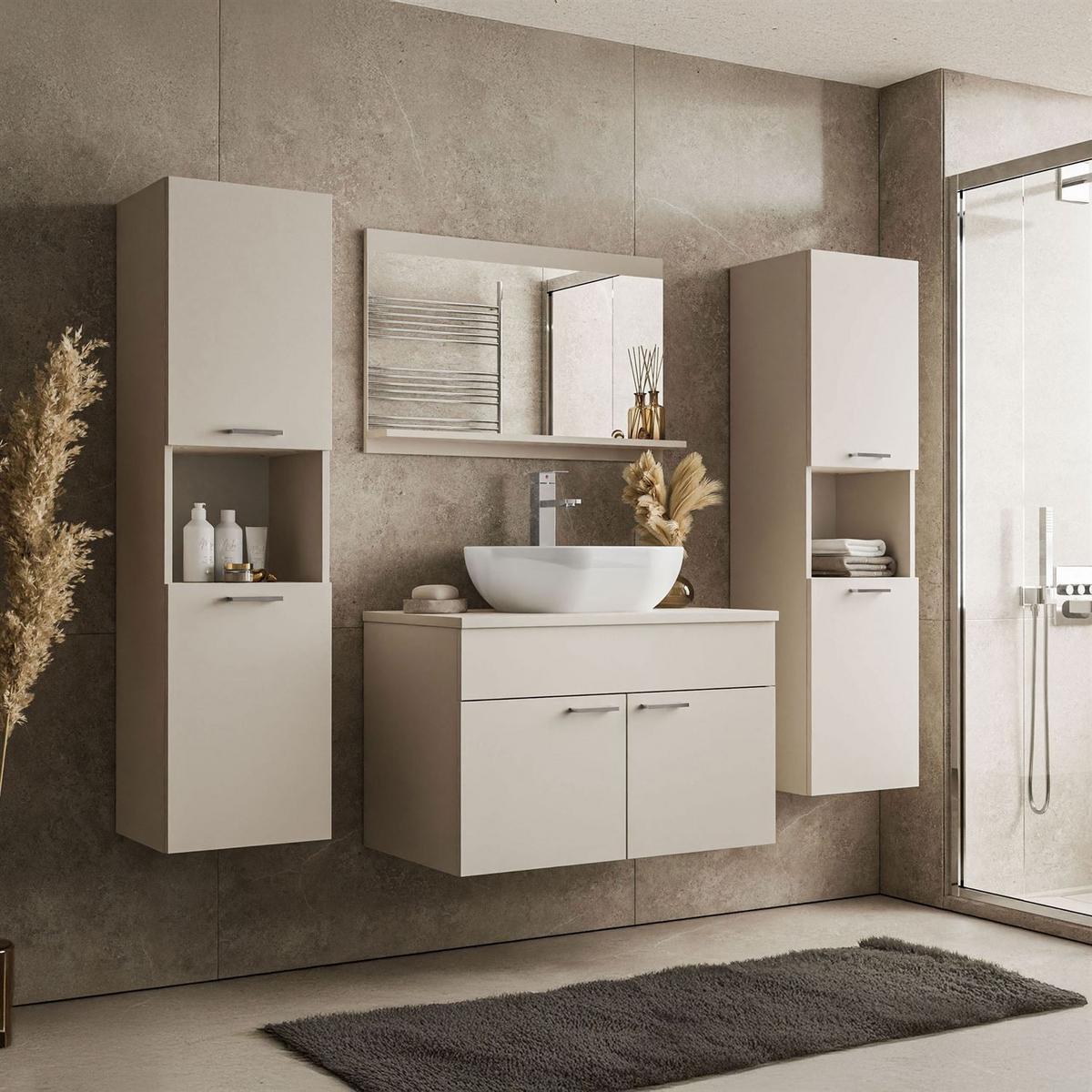 BADMÖBEL-SET LUMIRE III Kaschmir Matt mit Spiegel - Beige, Holzwerkstoff (80/52/46cm) - Lookway