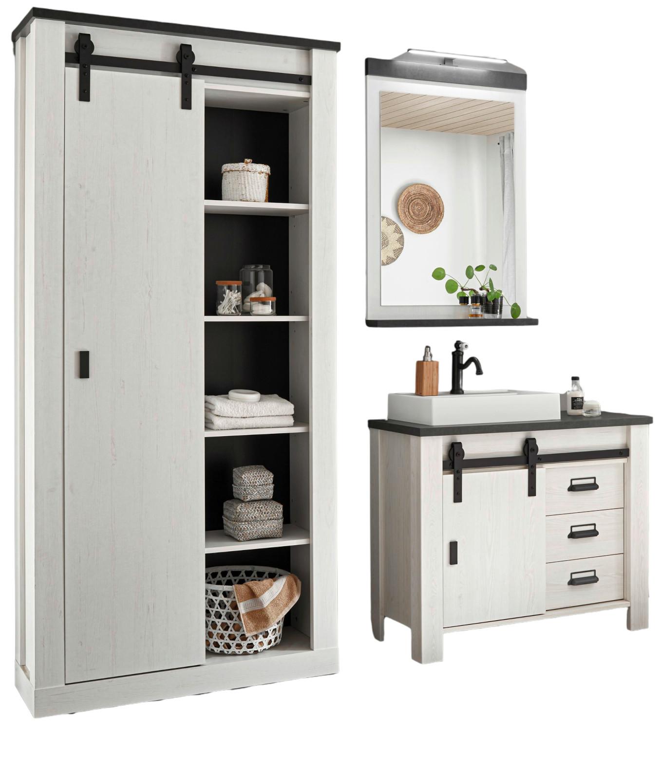 BADMÖBEL-SET 5-teilig weiß Pinie, anthrazit Landhaus, Badkombination mit Waschbecken und Spiegellampe - Anthrazit/Weiß, Holzwerkstoff/Metall (208/210/43cm) - Furn.Design