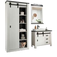 BADMÖBEL-SET 5-teilig weiß Pinie, anthrazit Landhaus, Badkombination mit Waschbecken und Spiegellampe - Anthrazit/Weiß, Holzwerkstoff/Metall (208/210/43cm) - Furn.Design