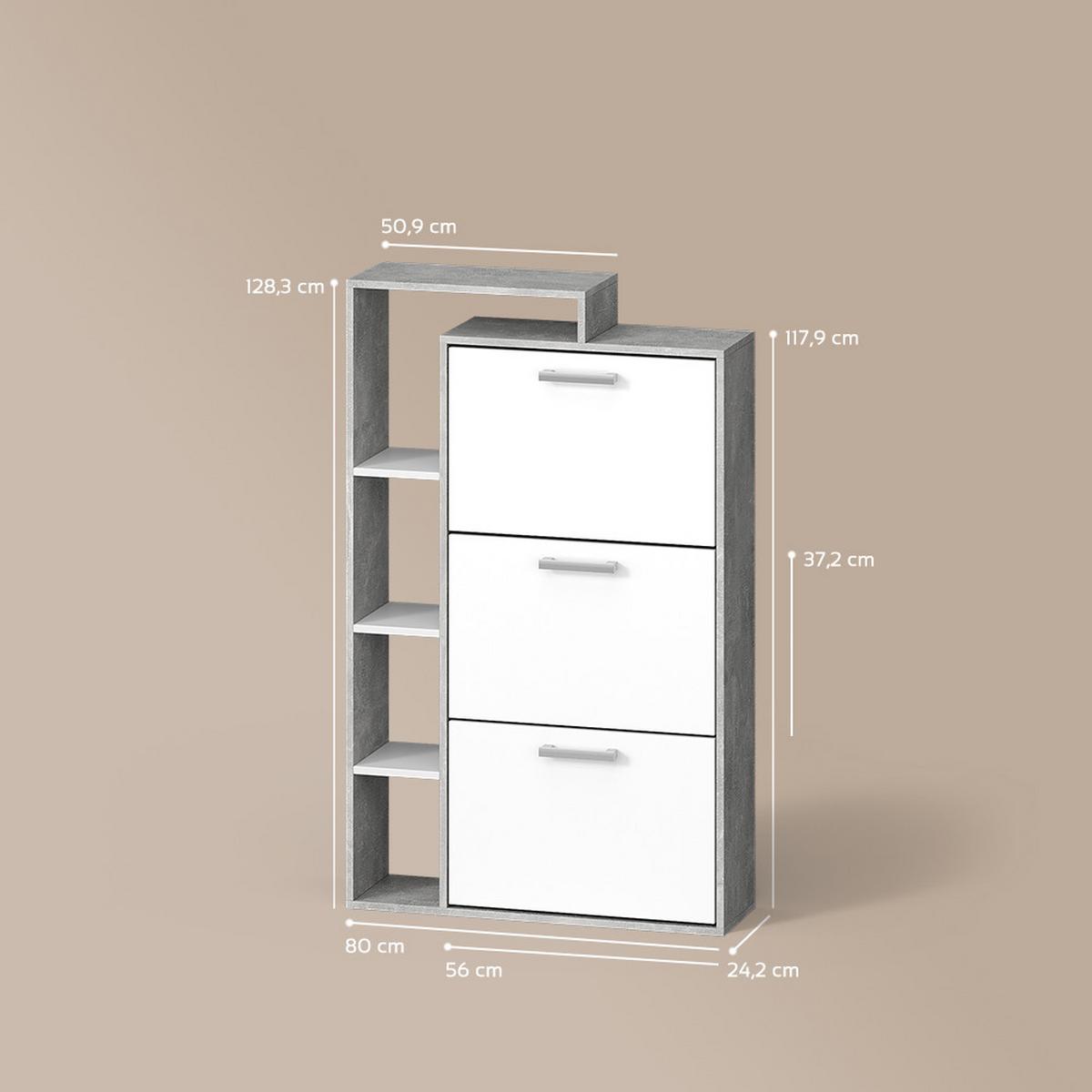 SCHUHKIPPER Ortello Weiß/Beton 80 x 128.3 cm mit 3 Fächern - Weiß/Grau, Holzwerkstoff (80/128.3/24.2cm) - Livinity®
