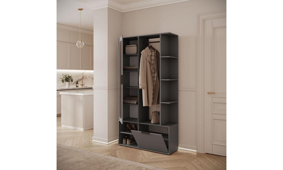 GARDEROBE NOLA 100/33,1/188,5 cm Grau matt mit Spiegel und Schuhschrank - Grau, Holzwerkstoff/Metall (100/188.5/33.1cm) - Lookway