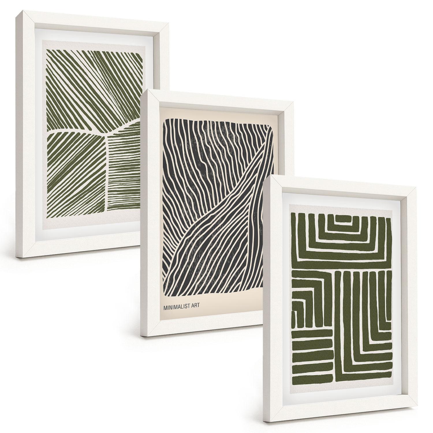 BILDER SET 3er Set - 20x30 cm Weißer Rahmen - Muster Linien Formen grün - Weiß, Kunststoff (20/30cm) - TULUP