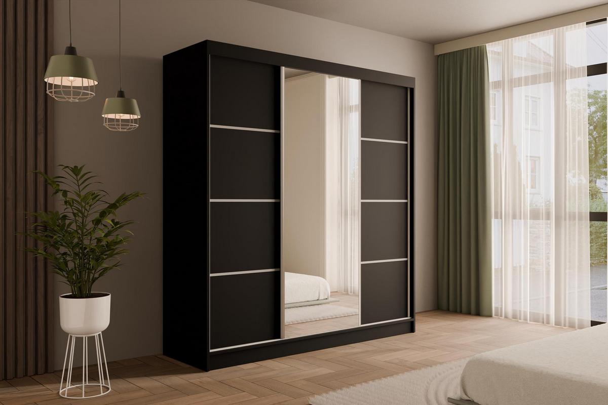 KLEIDERSCHRANK mit Spiegel V2-LOFTIA 215x200 cm Schwarz - Schwarz, Holzwerkstoff (200/215/61cm) - ALTDECOR