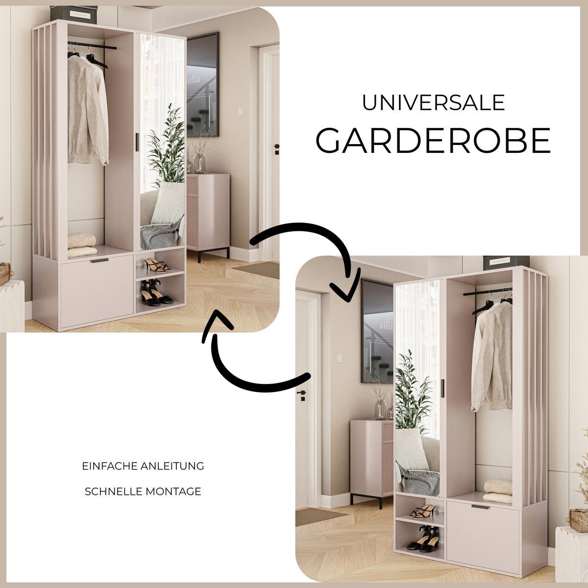 GARDEROBENSCHRANK mit Spiegel-mit Ablagen und Kleiderstange - Beige, Holzwerkstoff (100/190/33cm) - Idohome