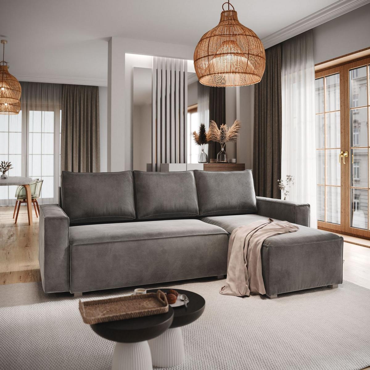 ECKSOFA SILES Grau Velours-Stoff mit Schlaffunktion - Grau, Holz/Kunststoff (230/140cm) - MASSENO