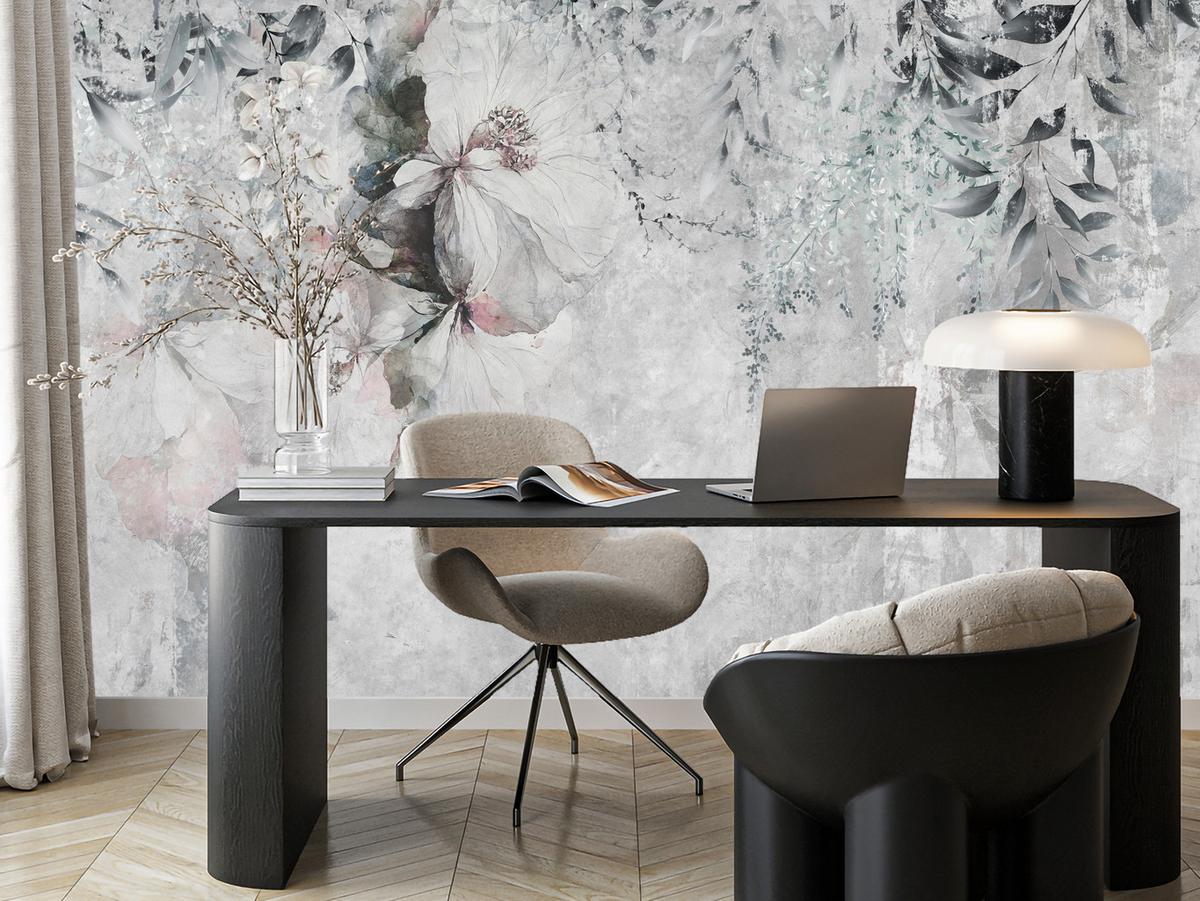 FOTOTAPETE für Büro Zarte Blätter Grau Betonwand Blumen Natur 150x105 - Grau, Papier (150/105cm) - Muralo