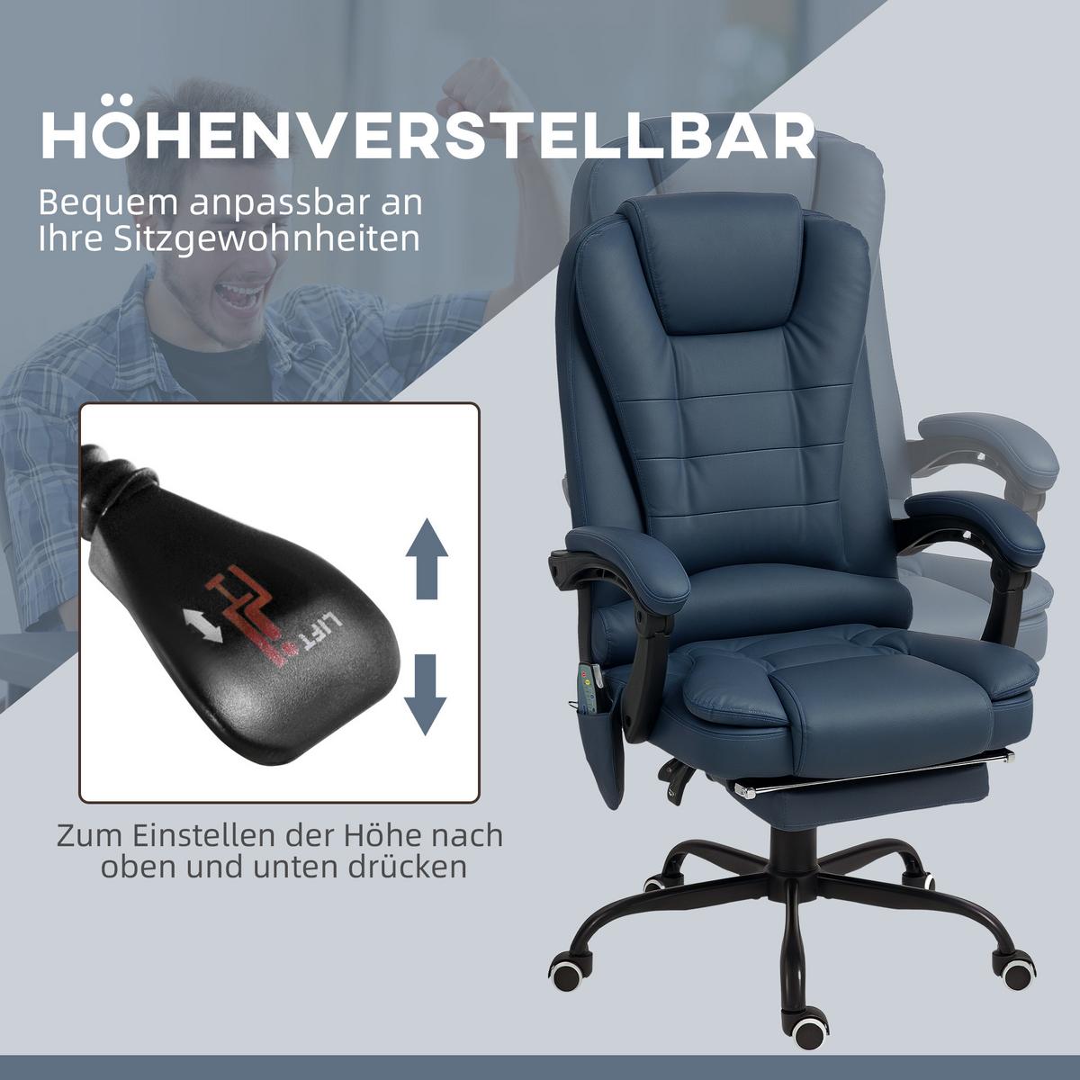 CHEFSESSEL mit 7 Punkt Massage, ergonomischer Chefsessel mit Liegefunktion - Blau/Schwarz, Kunststoff/Metall (67/121/67cm) - Vinsetto