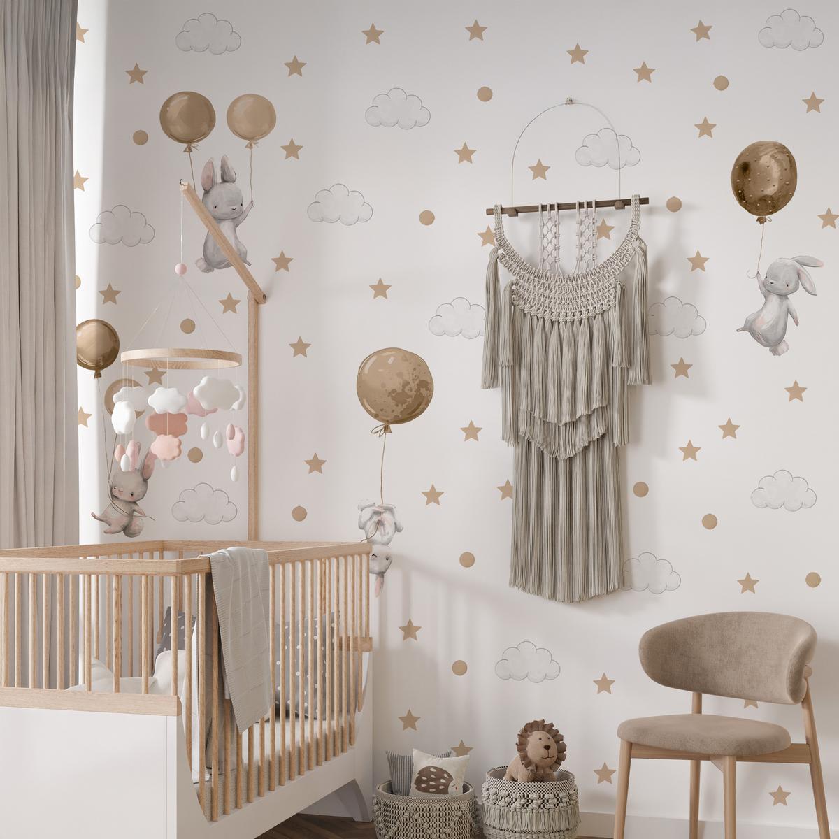 WANDAUFKLEBER SET Hasen Ballons Wolken Sterne 120x60 - Beige/Braun, Papier (120/60/1cm) - Muralo