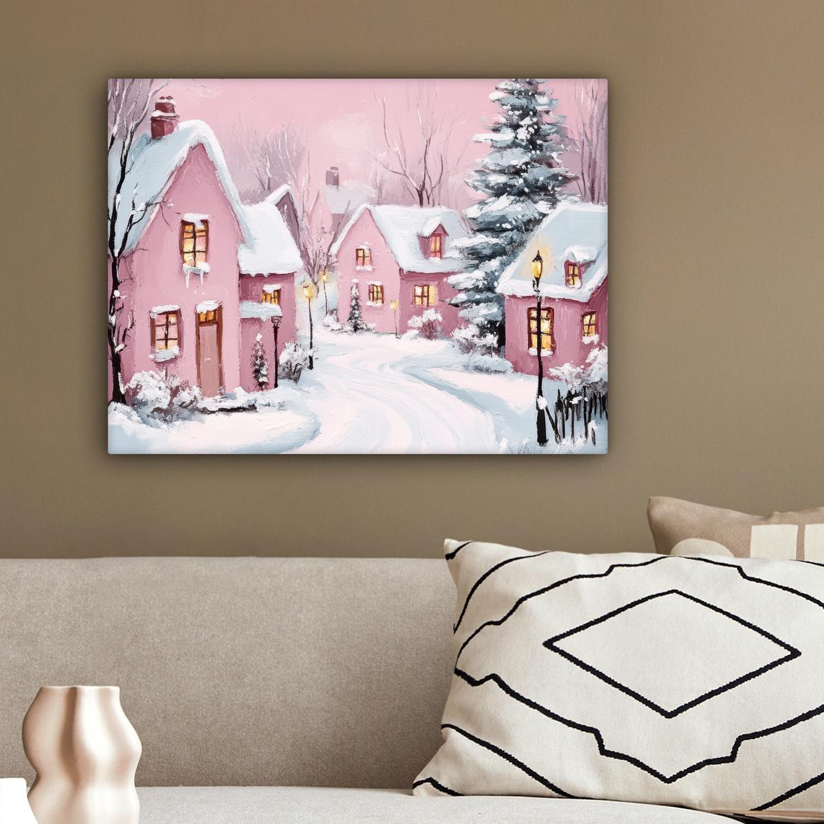LEINWANDBILD Weihnachtsdorf - Rosa - Winter - Schnee - Häuser Wandbild 40x30 cm - Altrosa, Textil (40/30cm) - MuchoWow