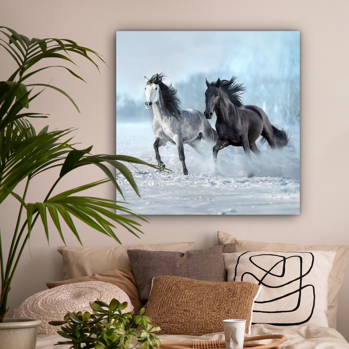 LEINWANDBILD Pferde - Winter - Tiere - Natur - Schnee Deko Groß 90x90 cm - Anthrazit, Textil (90/90cm) - MuchoWow