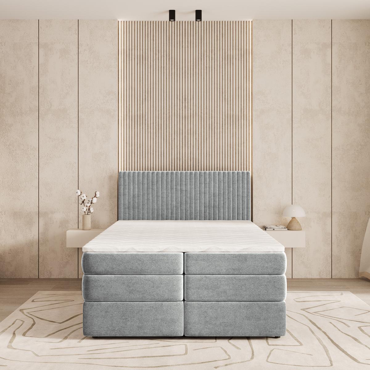 BOXSPRINGBETT FELBIO 180x200 cm mit Matratze und Topper - Hellgrau - Hellgrau, Holz (180/200cm) - MASSENO