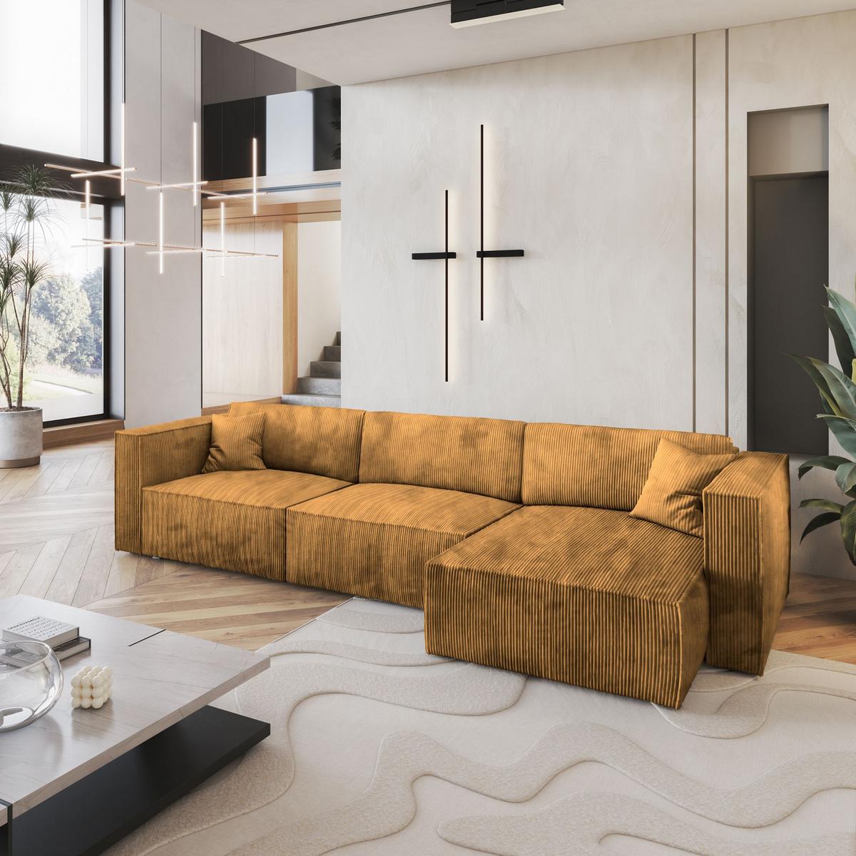 ECKSOFA TOLMO P Gelb Kordstoff mit Schlaffunktion - Gelb/Grau, Holz/Kunststoff (347/148cm) - MASSENO