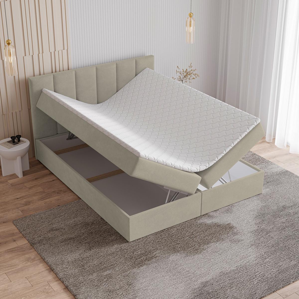 BOXBETT MERIL 140x200 cm mit Matratze und Topper - Beige - Beige, Holz (140/200cm) - MASSENO