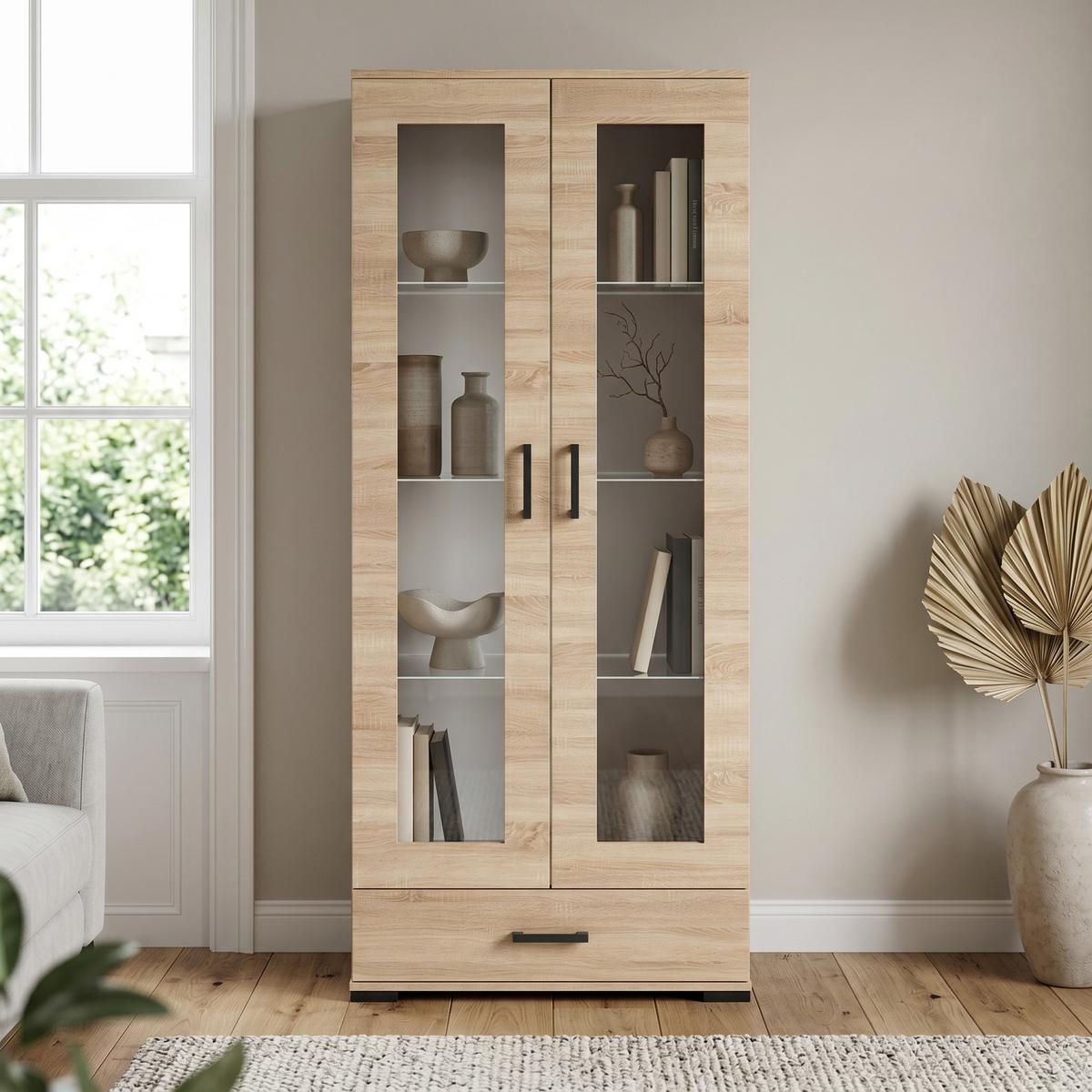 VITRINENSCHRANK ALBANO 186 x 80 cm Sonoma Eiche - Sonoma Eiche, Holzwerkstoff (80/186/40cm) - MASSENO