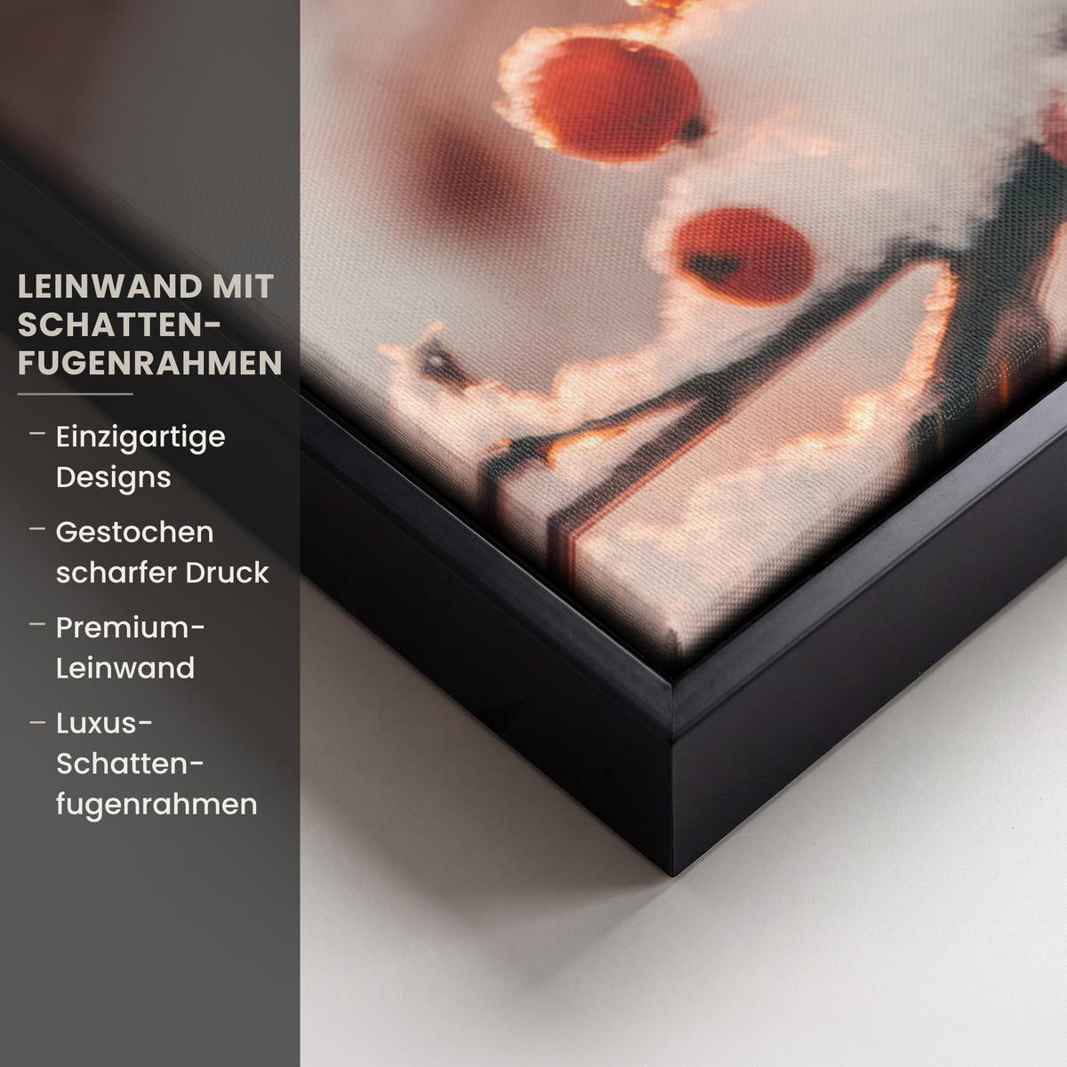LEINWAND Bilder mit Rahmen - Vogel - Zweig - Winter - Tiere - Schnee - 70x50 - Bernsteinfarben, Textil (70/50cm) - MuchoWow