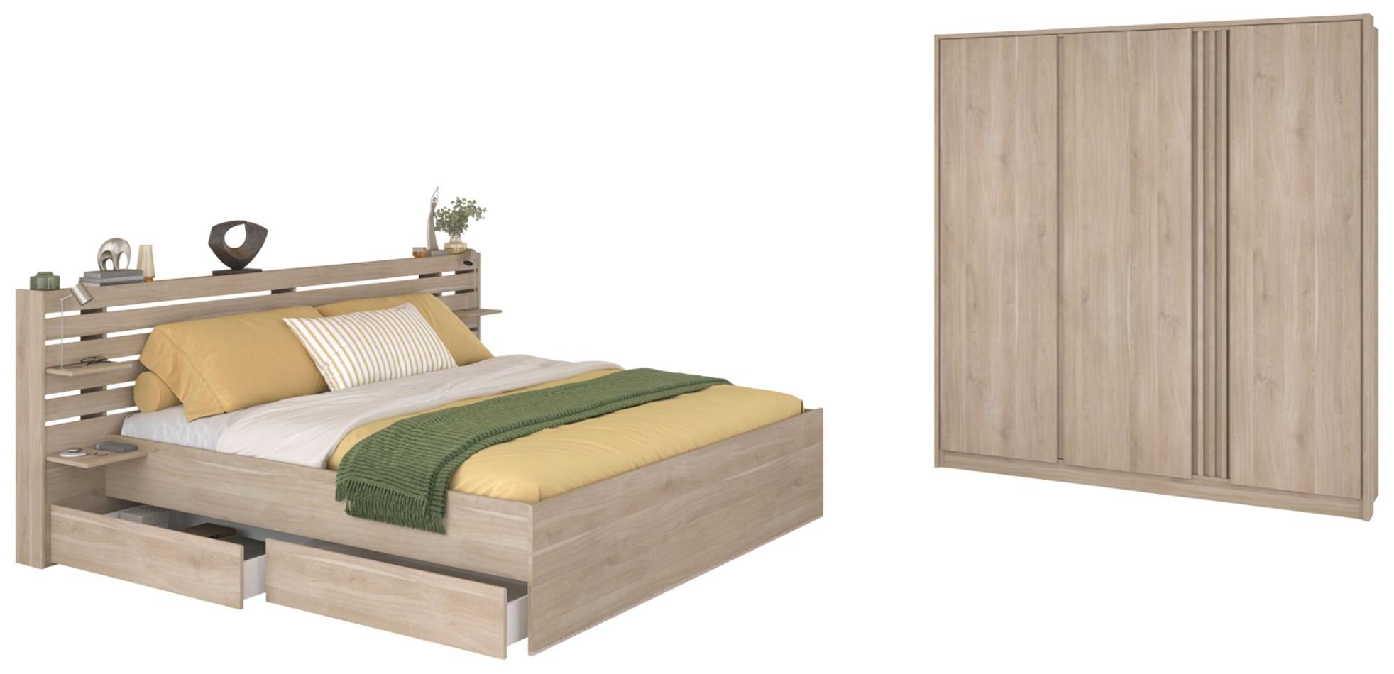 SCHLAFZIMMER-SET Eiche japanisch, Set 2-teilig mit Stauraumbett und Kommode - Eichefarben, Holzwerkstoff/Metall (236/99/217cm) - Parisot Meuble