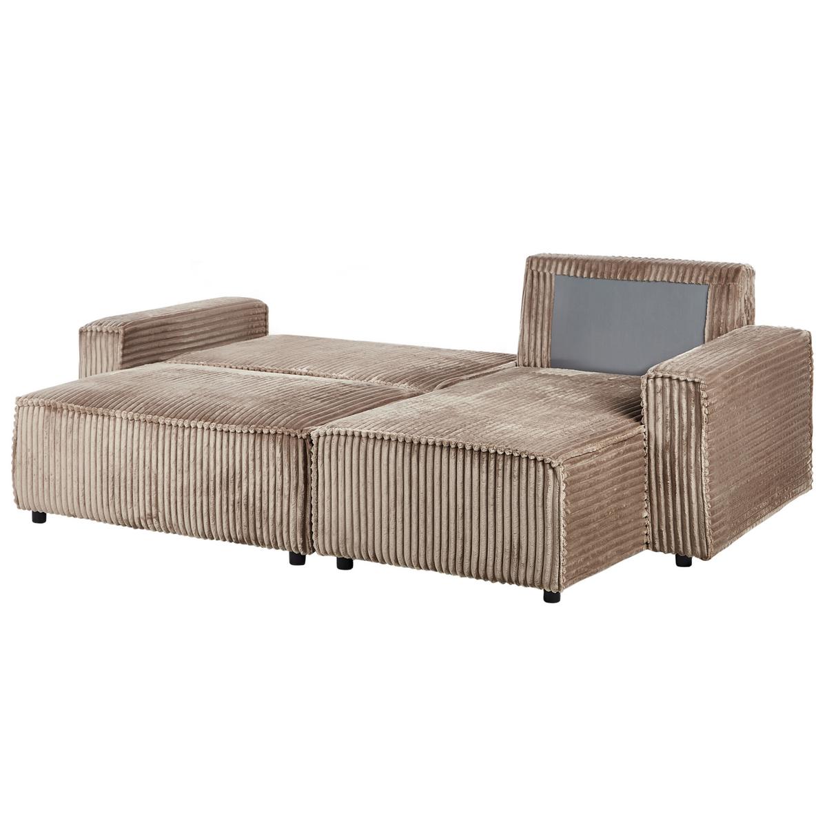 ECKSCHLAFSOFA 3-Sitzer Cord Hellbraun mit Stauraum linksseitig Abacka - Hellbraun, Textil (247/147cm) - Beliani