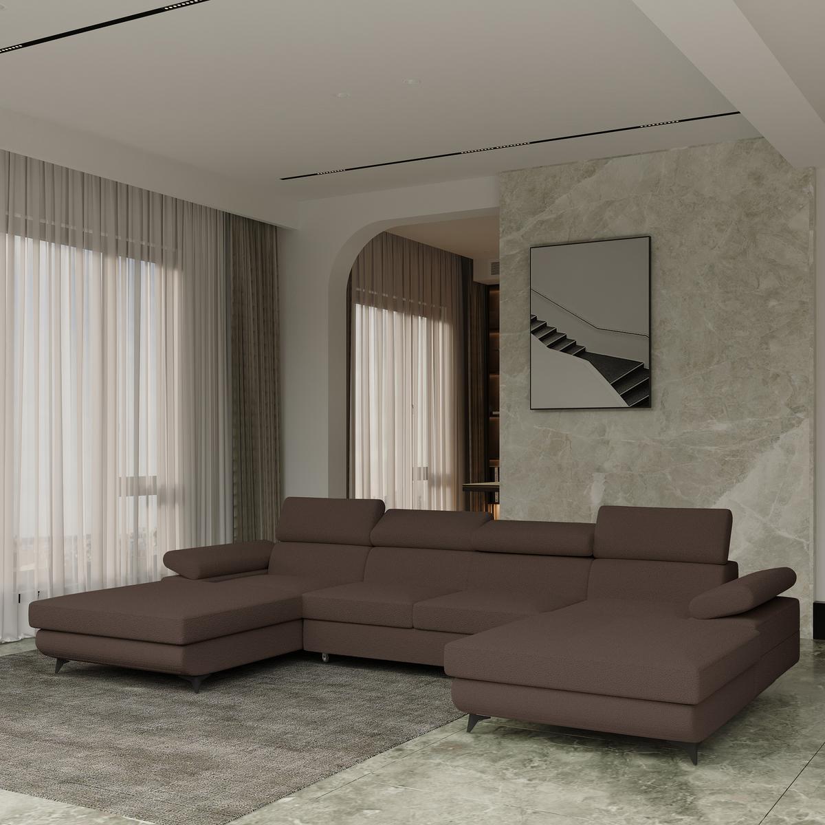 WOHNLANDSCHAFT DETTI Braun Boucle-Stoff mit Schlaffunktion - Braun, Holz (339/89/190cm) - MASSENO