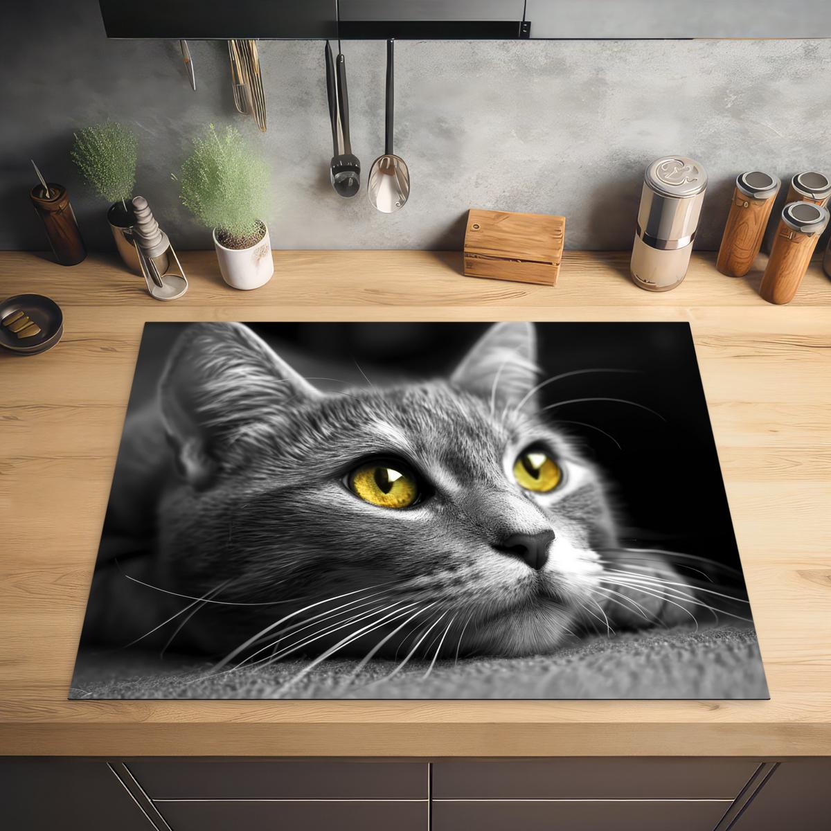 HERDABDECKPLATTE Katze - Grau - Tiere - Katze Induktionsmatte 77x59 cm - Grau, Kunststoff (77/59/0.2cm) - MuchoWow