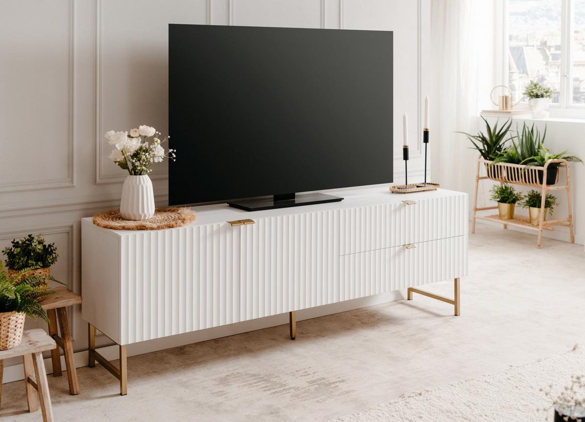 TV-LOWBOARD weiß, Gold 179 cm, TV Unterteil mit Soft-Close und 3D Struktur - Goldfarben/Weiß, Holzwerkstoff/Metall (179/60.5/41cm) - Furn.Design