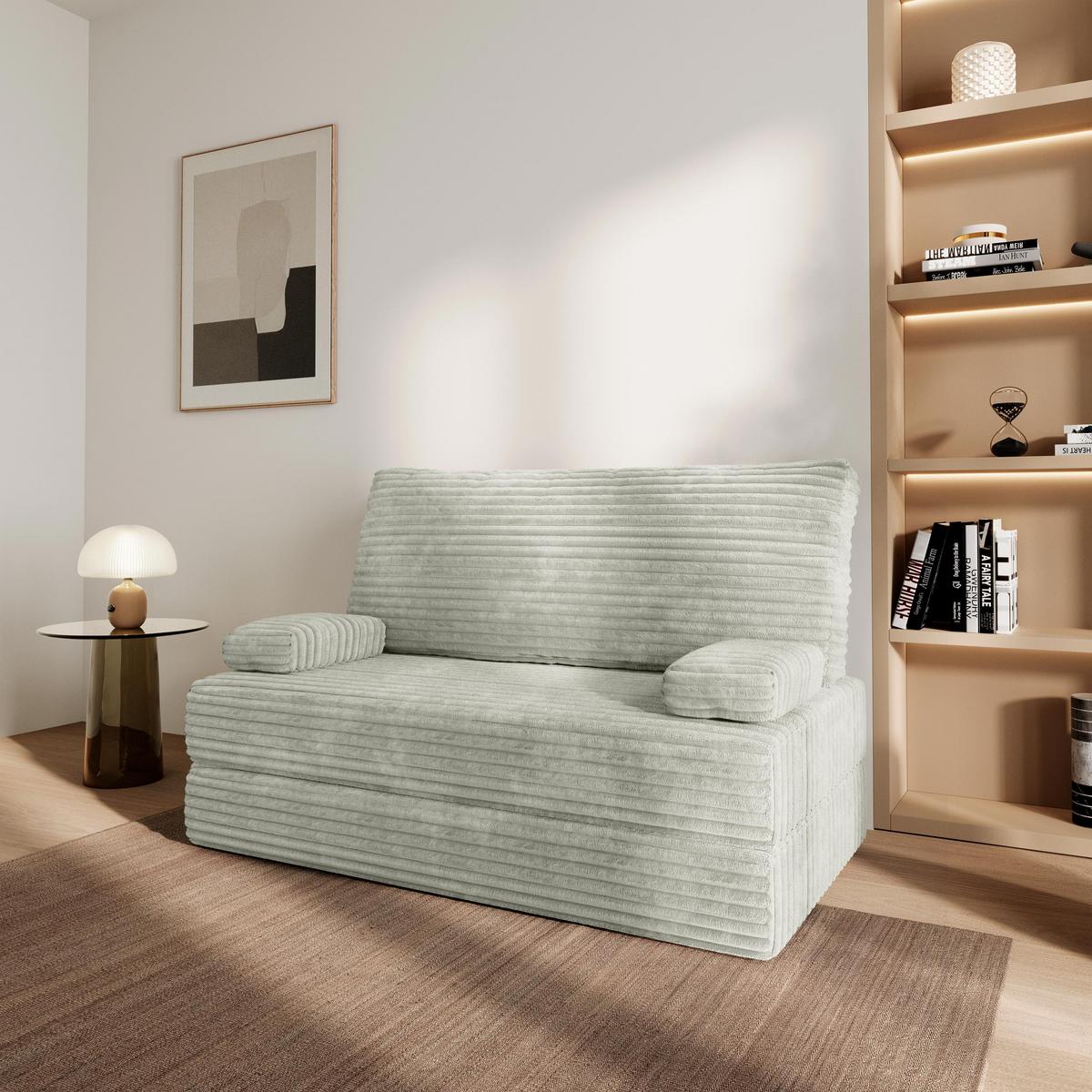 BETTSOFA LADIA aus Schaumstoff Kordstoff Hellgrau Schlaffunktion - Hellgrau, Textil (140/86/60cm) - MASSENO