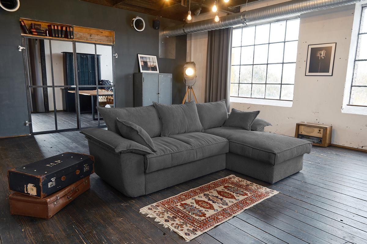 ECKSOFA DAMETO Grau Cord Mit Schlaffunktion - Schwarz/Grau, Kunststoff/Textil (266/174cm) - KAWOLA