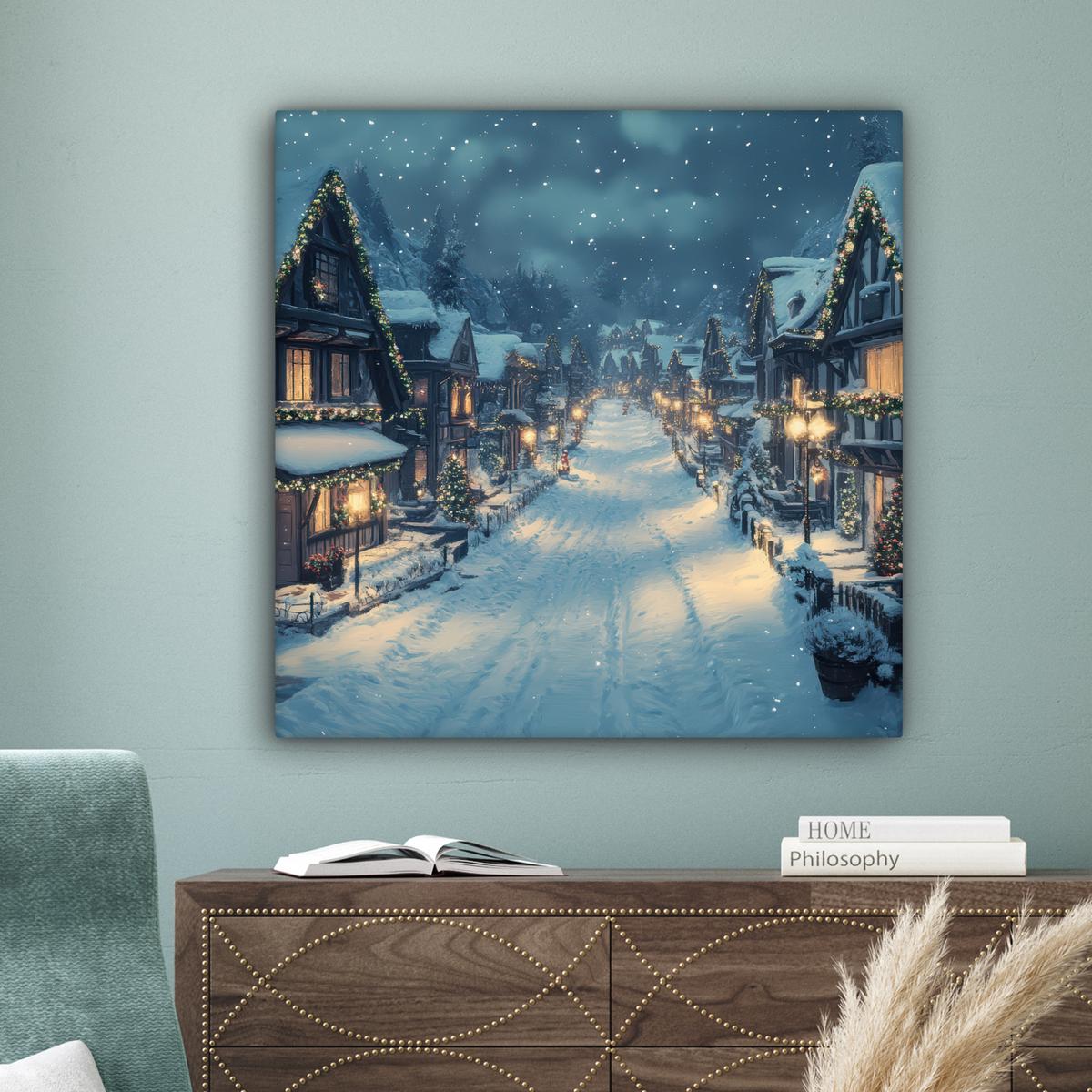 LEINWANDBILD Weihnachtsdorf - Weihnachten - Schnee - Winter Deko Groß 90x90 cm - Dunkelblau, Textil (90/90cm) - MuchoWow