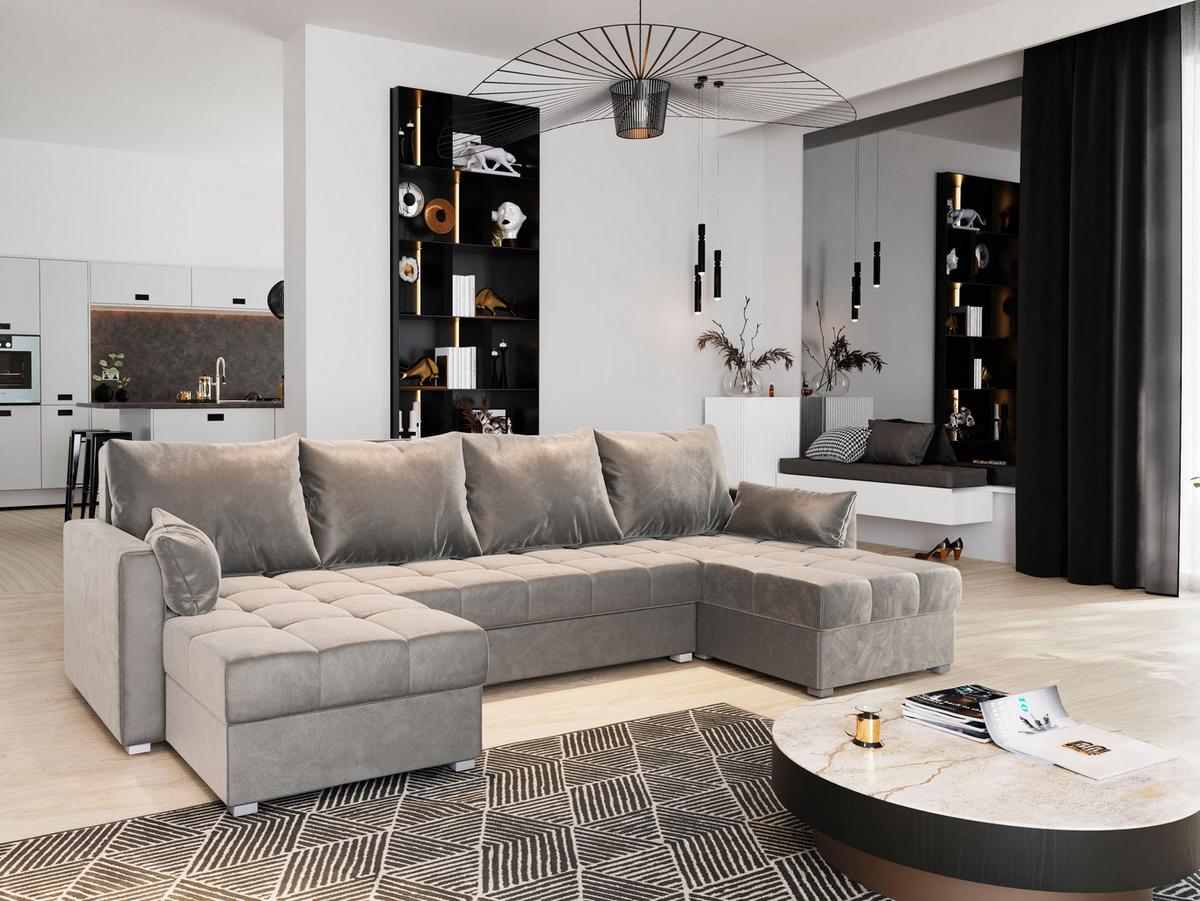 WOHNLANDSCHAFT NAKO Beige Plüsch-Stoff mit Schlaffunktion - Beige/Grau, Holz/Kunststoff (285/85/140cm) - MASSENO
