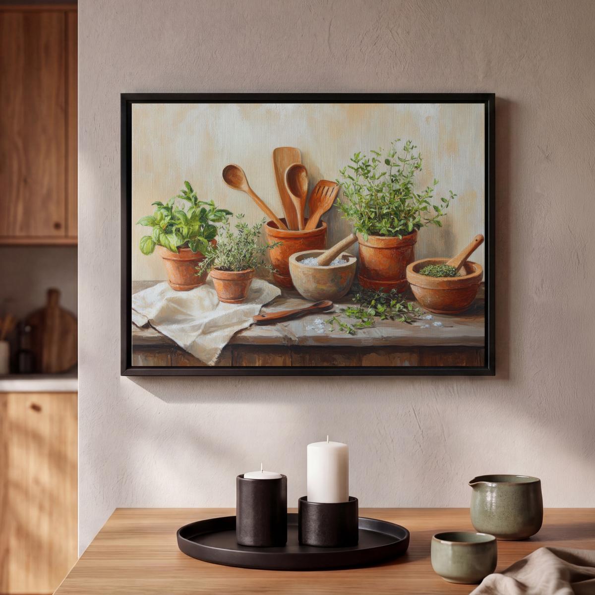 LEINWAND Bilder mit Rahmen - Töpfe - Kräuter - Holz - 40x30 - Terracotta, Textil (40/30cm) - MuchoWow