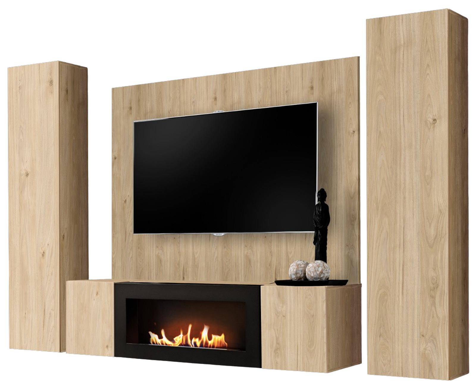 WOHNWAND Eiche Jackson 4-teilig 260 cm hängend, Schrankwand mit Ethanol Kamin - Eichefarben, Holzwerkstoff (260/170/40cm) - Inn.Furn