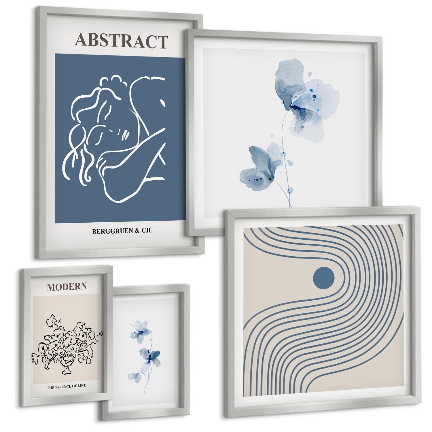 BILDER SET 5er Set - 50x50 cm & 20x30 cm & 40x60 cm Silberner Rahmen - abstrakte Poster mit Blumenlinien - Silberfarben, Kunststoff (40/60cm) - TULUP