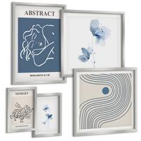 BILDER SET 5er Set - 50x50 cm & 20x30 cm & 40x60 cm Silberner Rahmen - abstrakte Poster mit Blumenlinien - Silberfarben, Kunststoff (40/60cm) - TULUP
