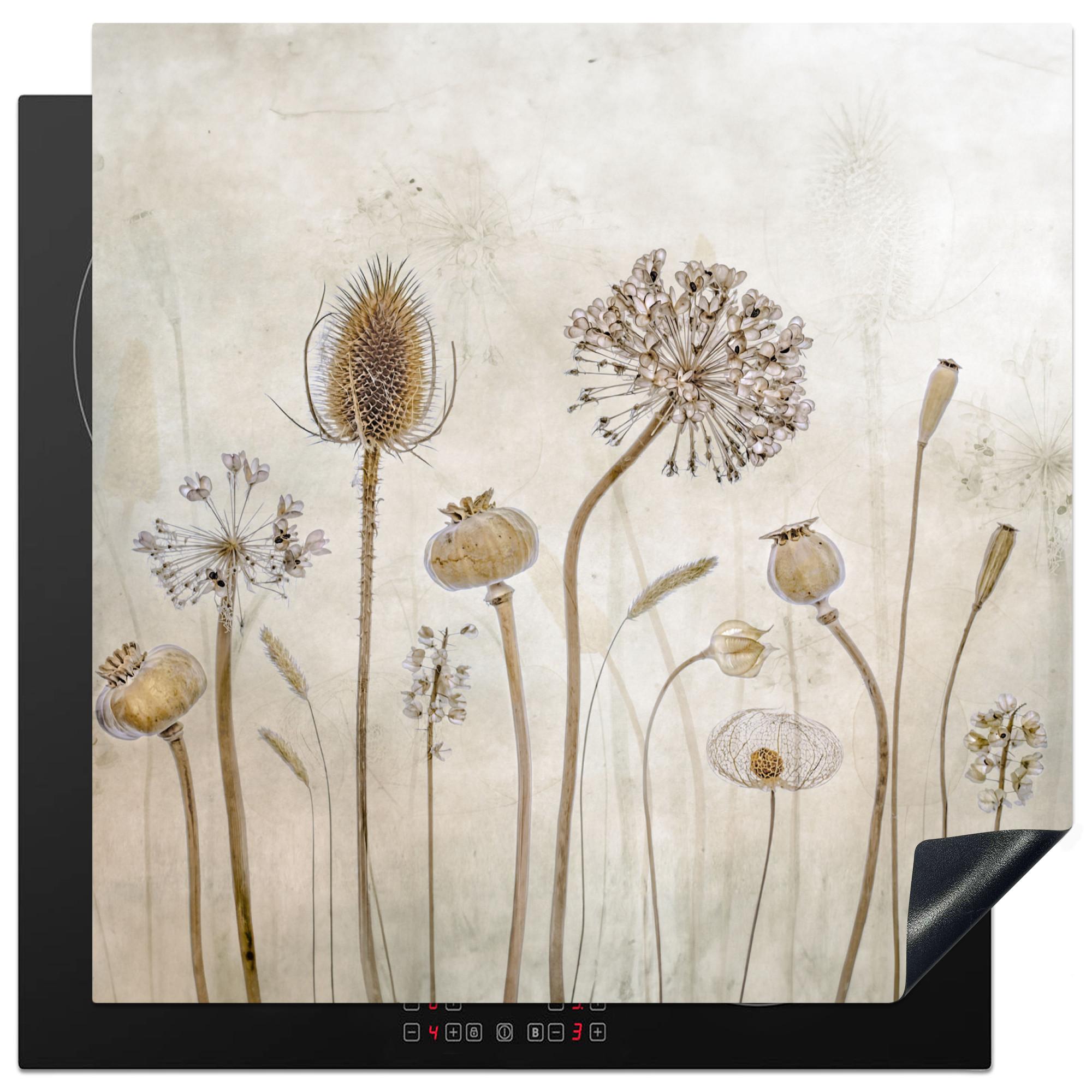 HERDABDECKPLATTE Blumen - Aquarell - Stilleben - Braun - Vintage Induktionsmatte 78x78 cm - Sandfarben, Kunststoff (78/78/0.2cm) - MuchoWow