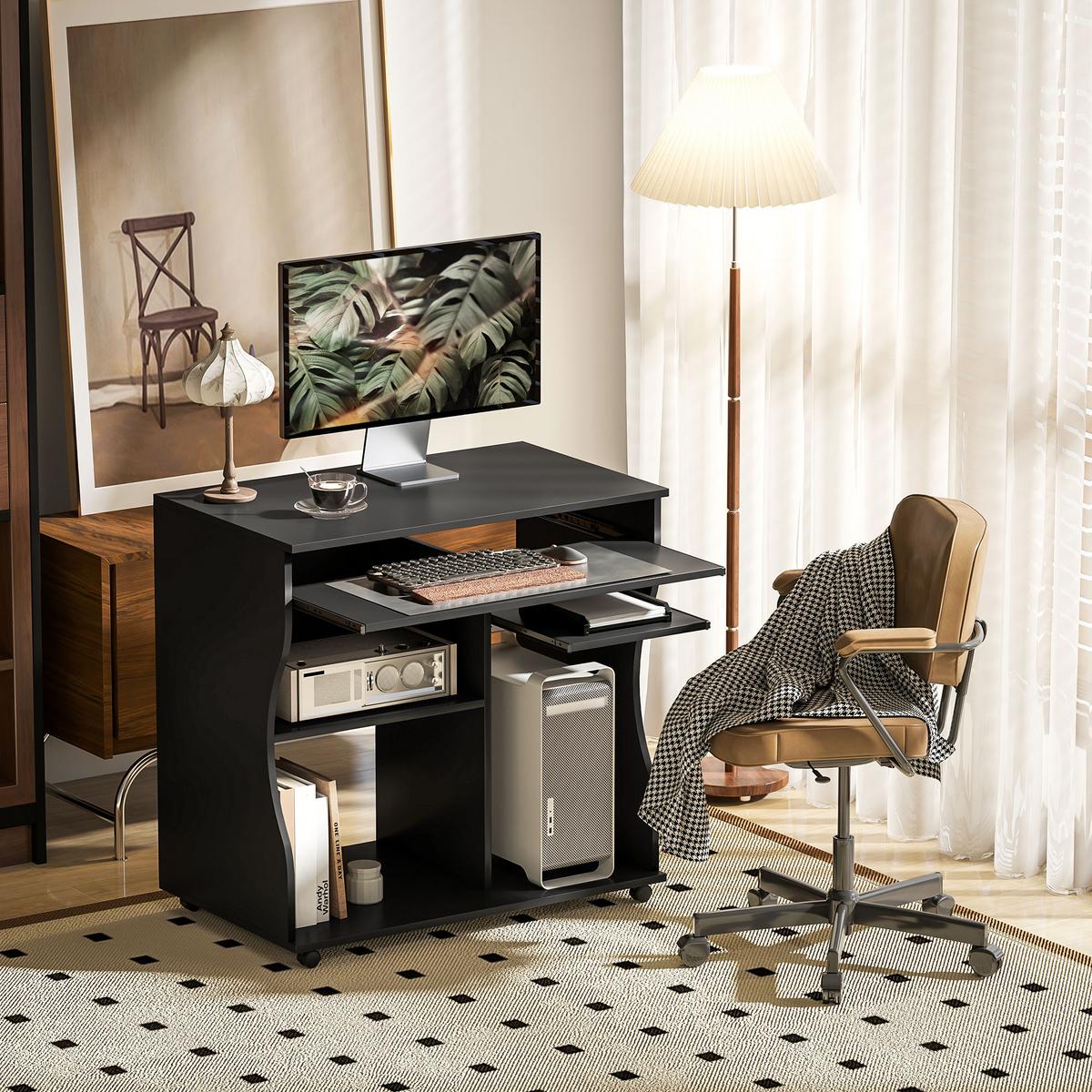 COMPUTERTISCH mit Rollen, Schwarz 80 x 48 x 75 cm - Schwarz, Holz (80/48/75cm) - HOMCOM