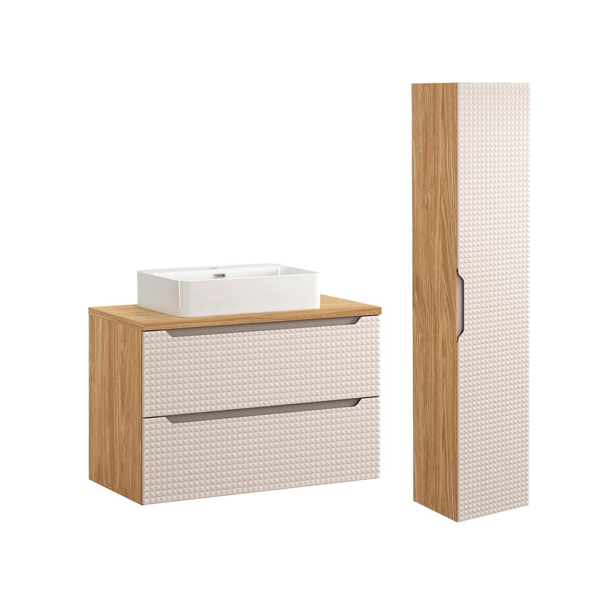 BADMÖBEL 90cm Mallory 2er-Set Beige und Holz - Braun, Holzwerkstoff (90/59.5/46cm) - Petits-meubles