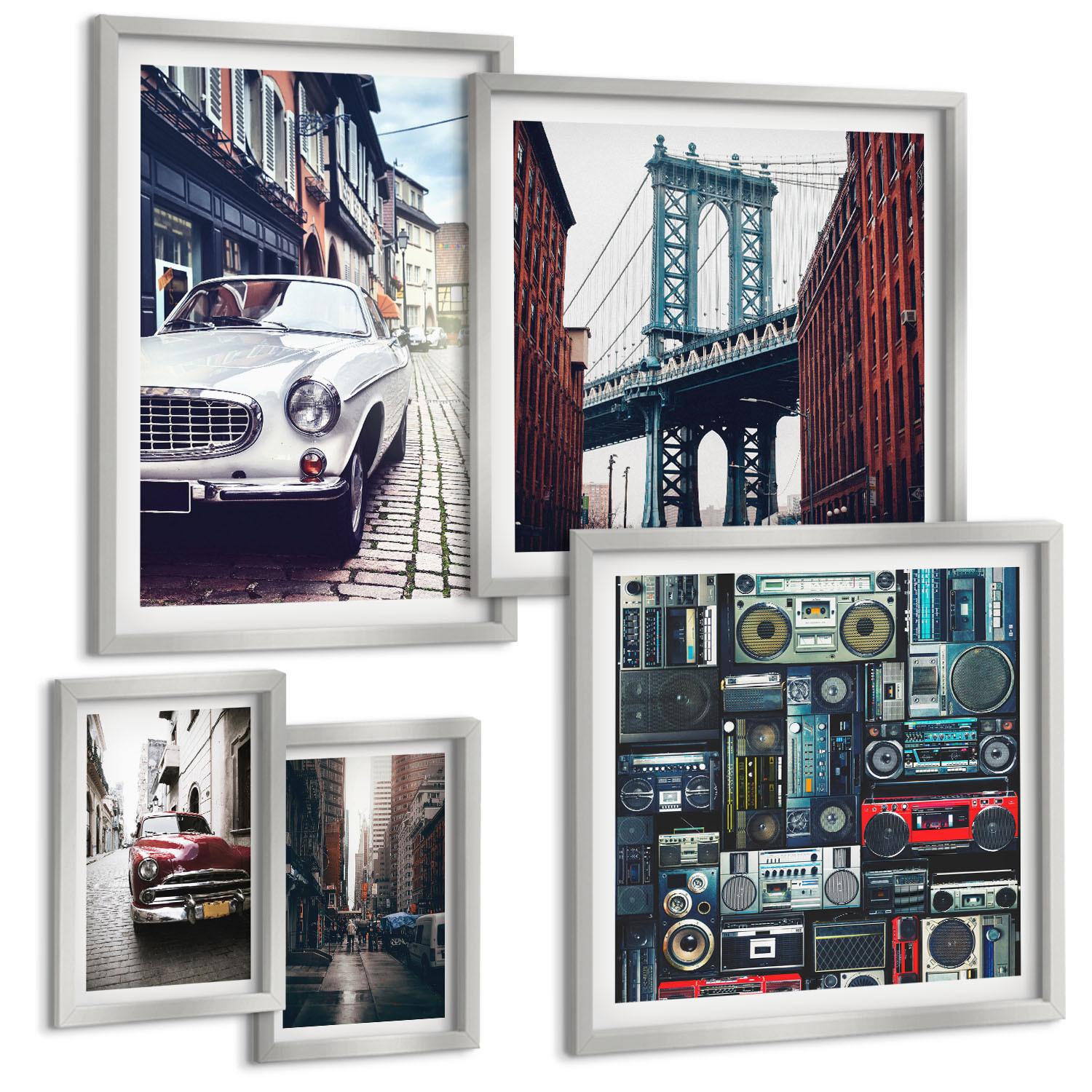 BILDER SET 5er Set - 50x50 cm & 20x30 cm & 40x60 cm Silberner Rahmen - Old Cars Brooklyn Retro-Audio - Silberfarben, Kunststoff (40/60cm) - TULUP