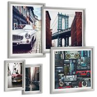 BILDER SET 5er Set - 50x50 cm & 20x30 cm & 40x60 cm Silberner Rahmen - Old Cars Brooklyn Retro-Audio - Silberfarben, Kunststoff (40/60cm) - TULUP