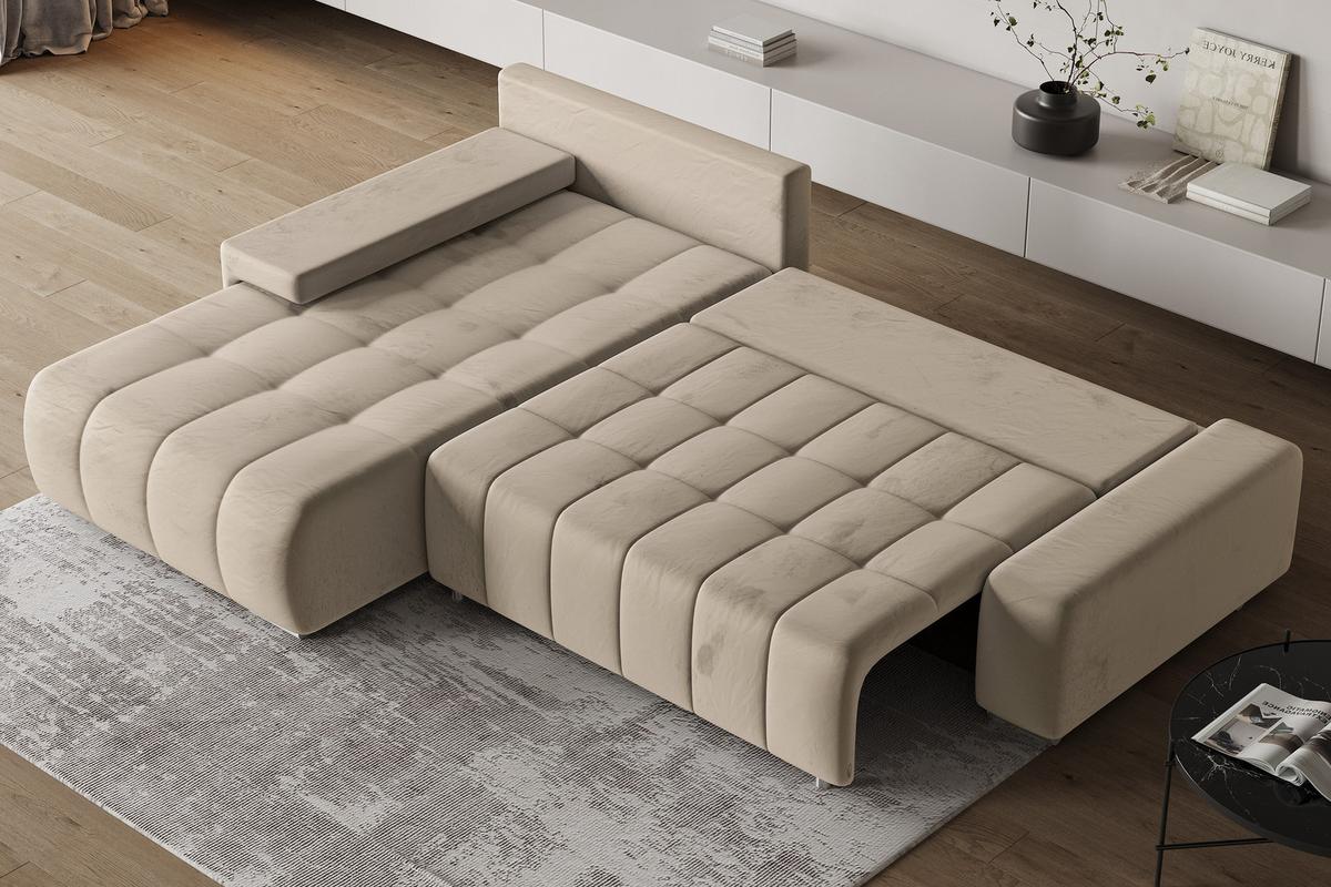 ECKSOFA ALESE L-S Creme Velours-Stoff mit Schlaffunktion - Silberfarben/Creme, Holz/Textil (265/185cm) - MASSENO