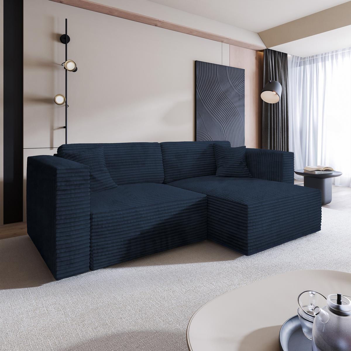 ECKSOFA NERIO Blau Kordstoff mit Schlaffunktion - Blau, Holz (245/148cm) - MASSENO