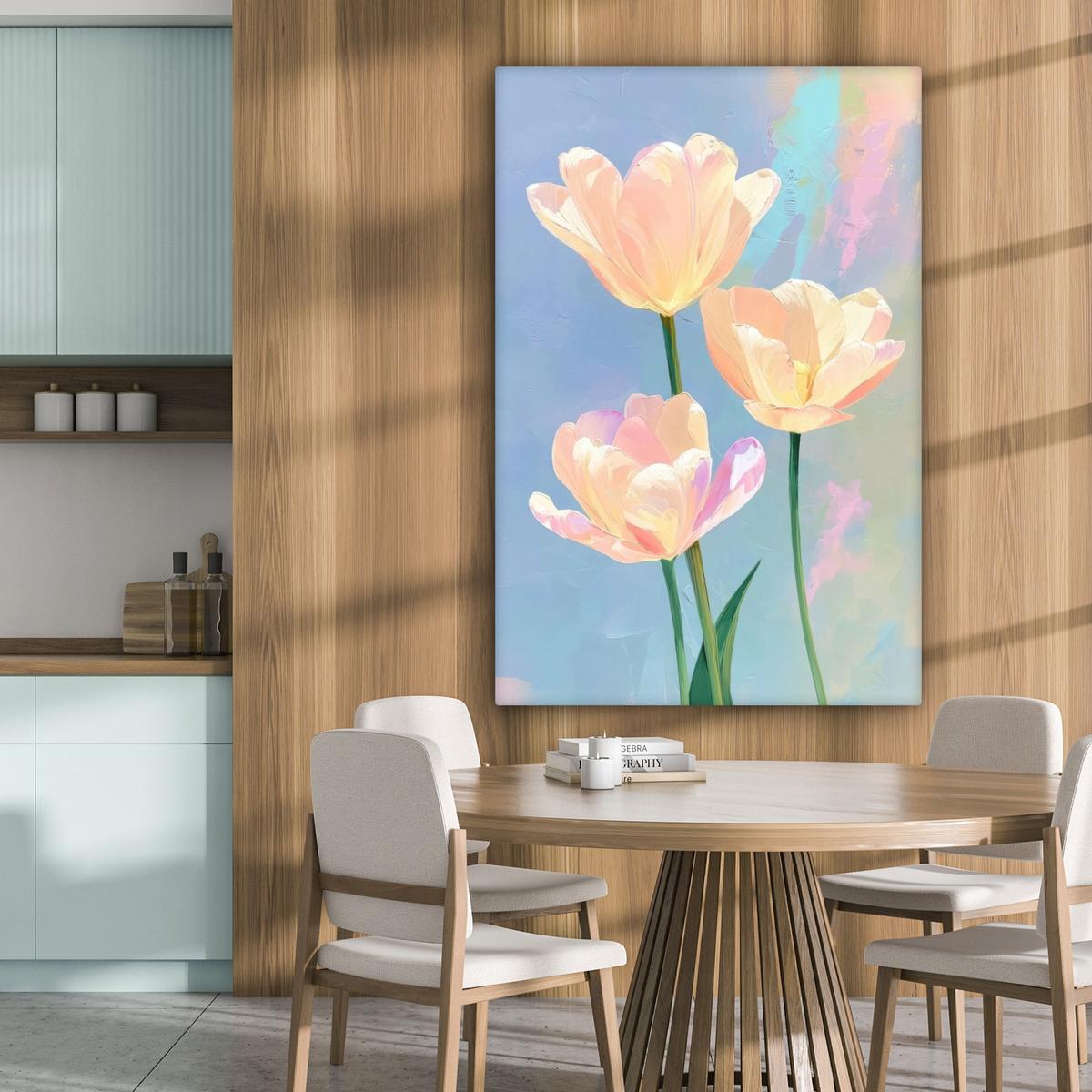 LEINWANDBILD Tulpen - Rosa Akzente - Blau Deko XXL 80x120 cm - Pastellblau, Textil (80/120cm) - MuchoWow