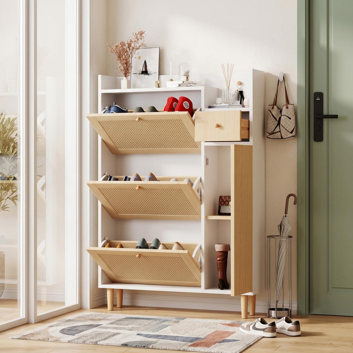 SCHUHESCHRANK Rattan Flach Weiß & Natur Mit 3 Kipp-Türen & 1 Schublade - Naturfarben, Holzwerkstoff (90/125/17cm) - Urban Meuble