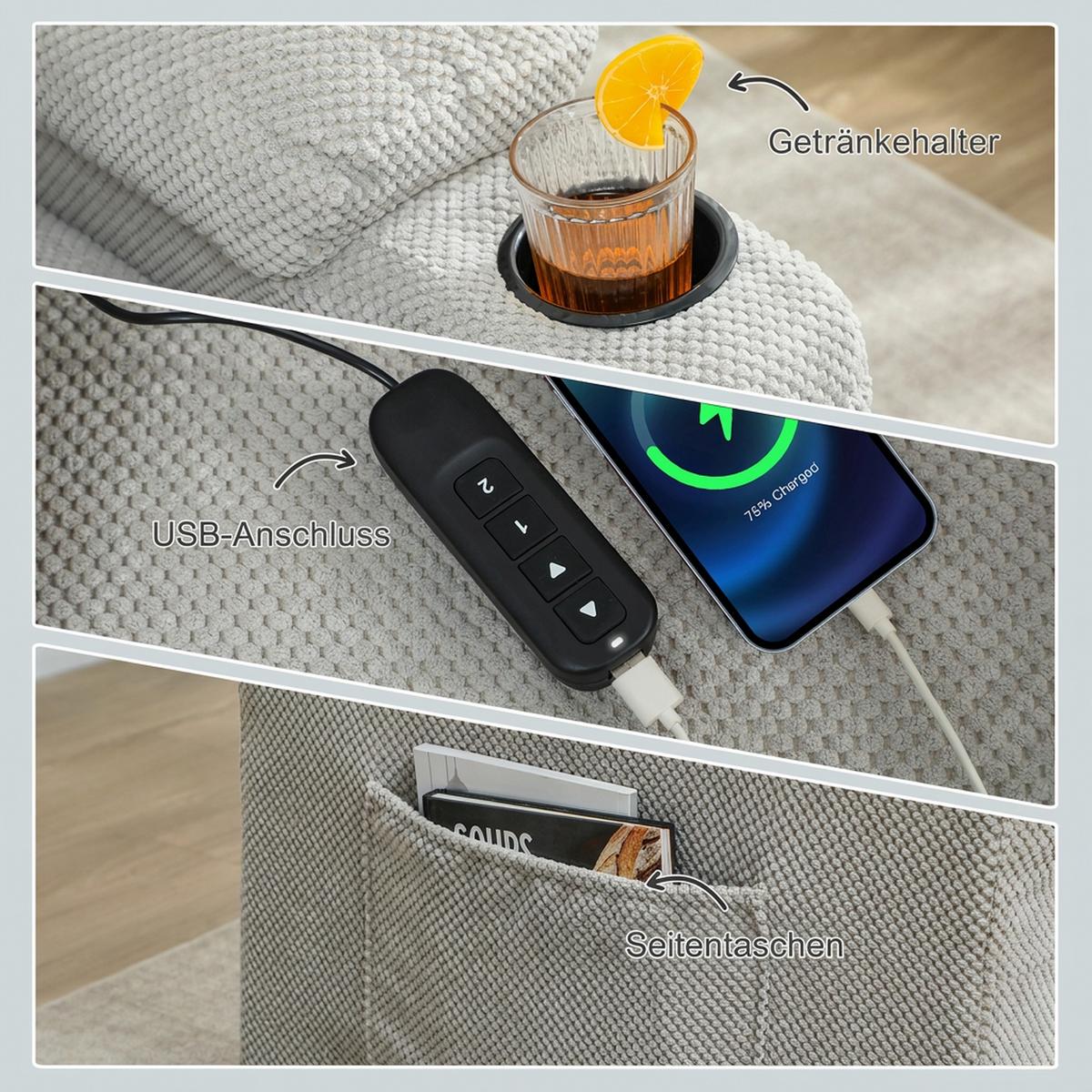 ELEKTRISCHER-RELAXSESSEL Samt Metall Grau - Schwarz/Grau, Textil/Metall (90/105/96cm) - HOMCOM