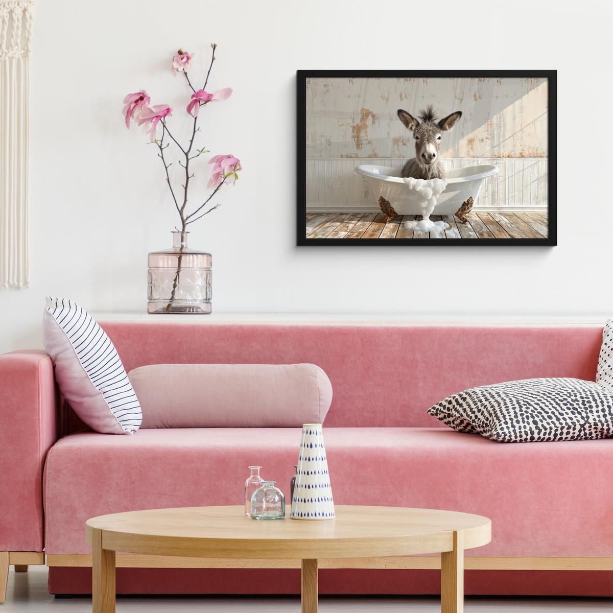 POSTER MIT RAHMENGERAHMTES BILD Esel - Tiere - Badewanne - Schaumstoff 60x40 cm - Weiß, Papier (60/40cm) - MuchoWow